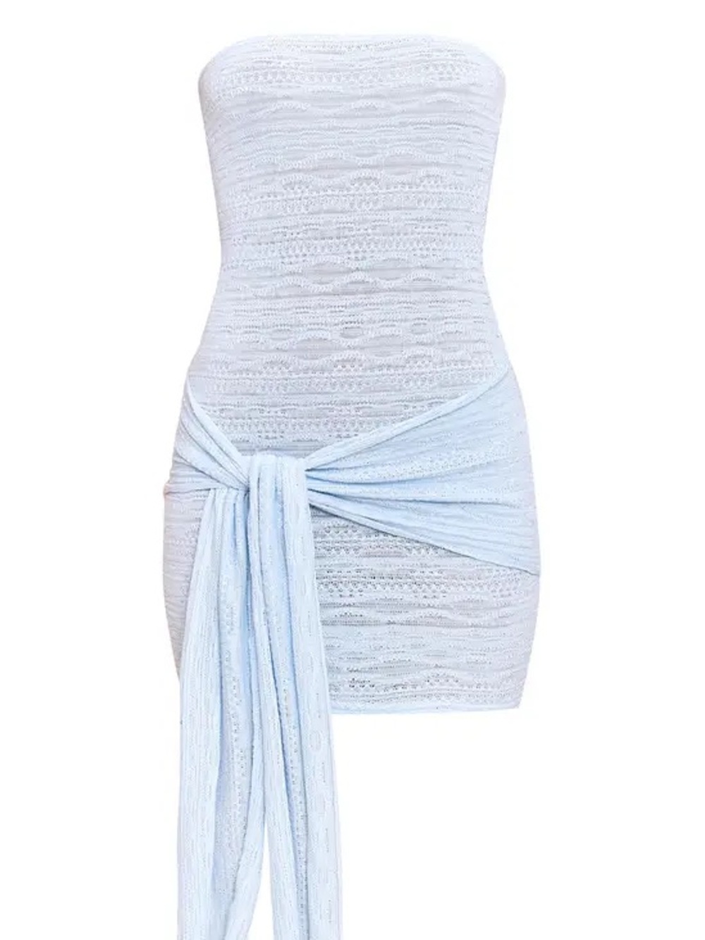 PrettyLittleThing Pale Blue Strapless Knit Mini Dress with Waist Sash
